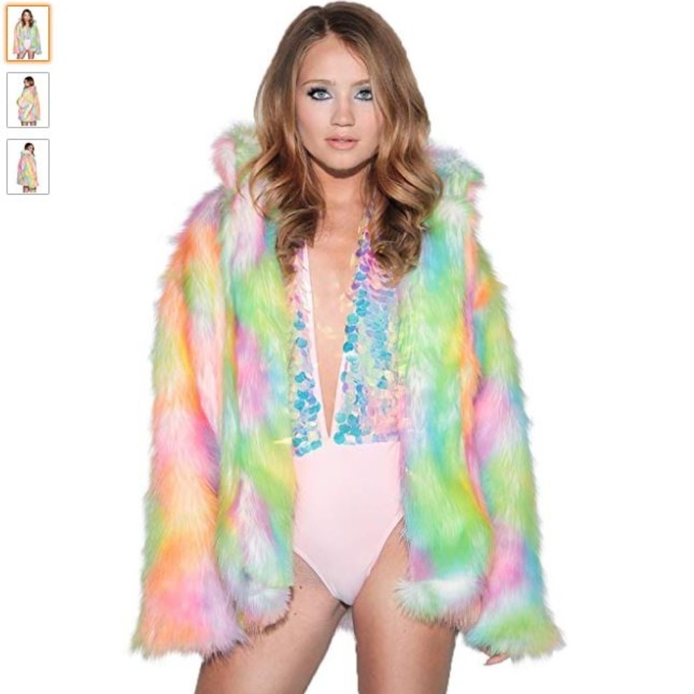 iHeartRaves Audrey Faux Fur rainbow jacket